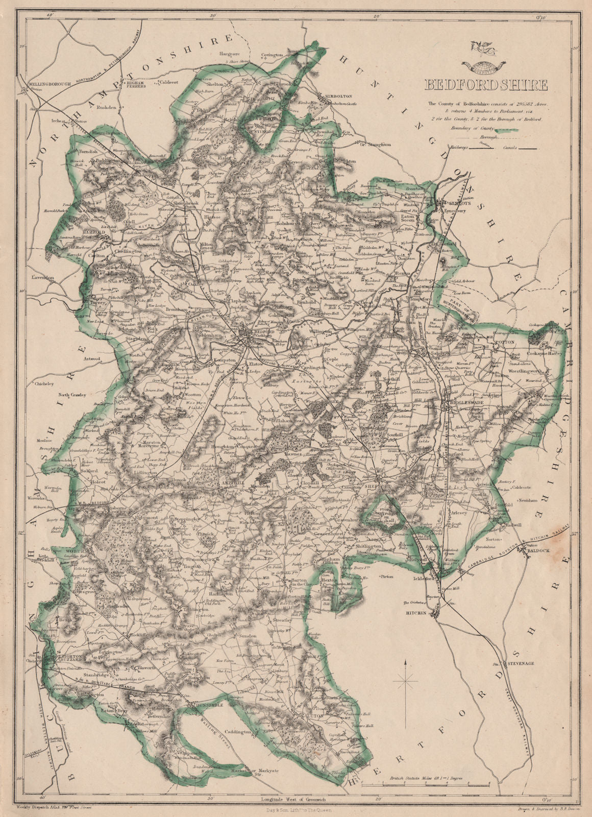 BEDFORDSHIRE. Antique county map. Railways canals. BR DAVIES 1864 old